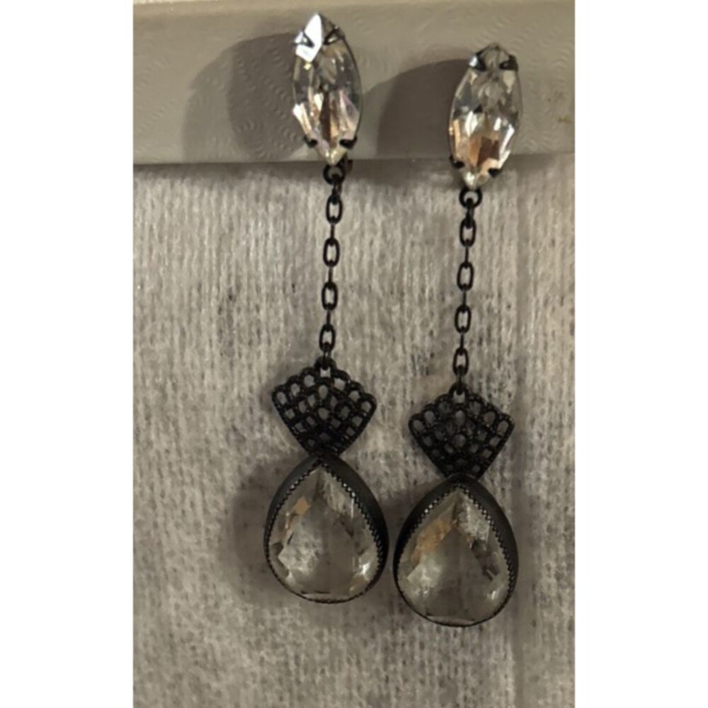 Black Metal Finish and Faceted Teardrop Crystals Vintage Clip-On Dangle Earrings